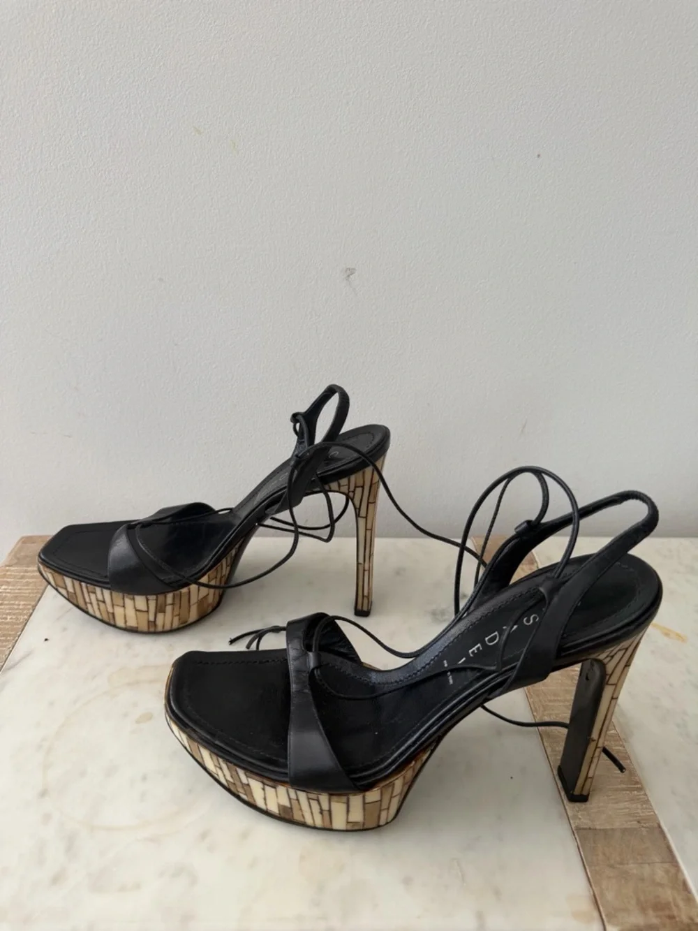 Casadei Black Platform Lace-Up Sandals with Wood-Effect Heel